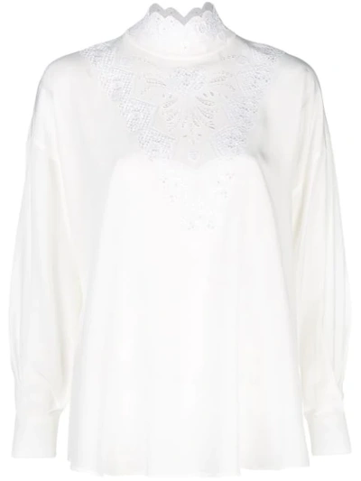 Fendi Long-sleeve High-neck Silk Blouse With Heart Embroidery In White