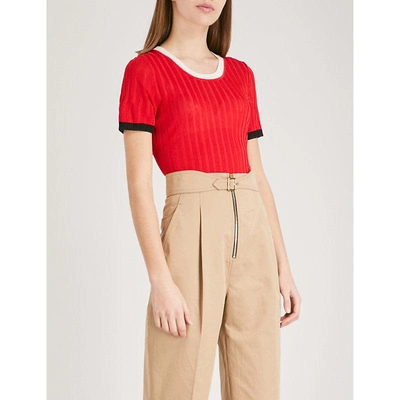 Sandro Nolene Contrast-color Short Sleeve Sweater In Red
