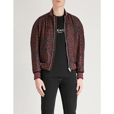 Givenchy Script-print Padded Silk-twill Bomber Jacket In Abstract,black,red