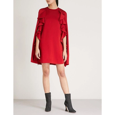 Valentino Hammered Satin Ruffle Cape Dress In Red