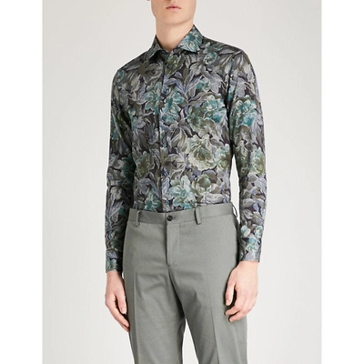 Etro Floral-print Tailored-fit Cotton-poplin Shirt In Blue