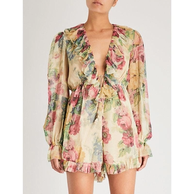 Zimmermann Melody Floating Ruffled Floral-print Silk-crepon Playsuit In Taupe