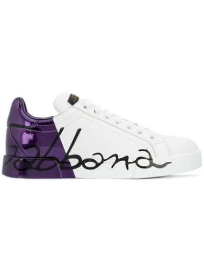 Dolce & Gabbana Leather Portofino Sneakers With Metallic Heel In White