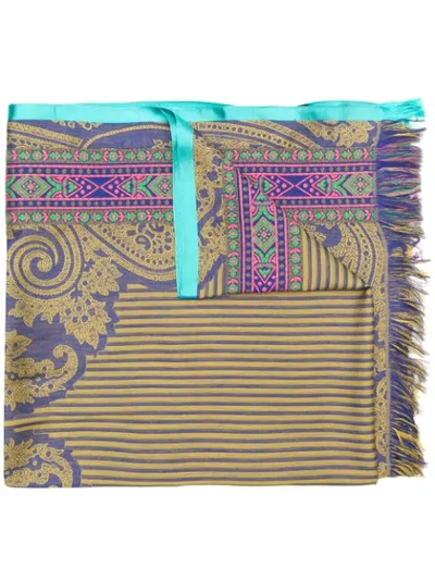 Etro Embroidered Fringed Scarf In Blue
