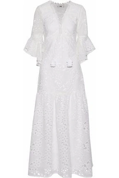 Badgley Mischka Lace-up Floral-lace Elbow-sleeve Maxi Dress In White