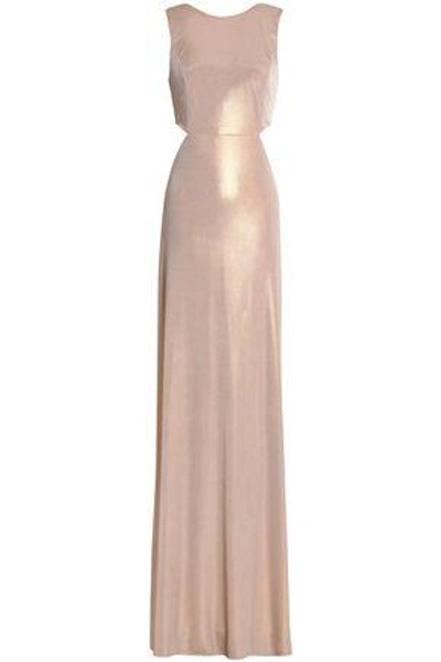 Halston Heritage Sleeveless Twist-back Metallic Jersey Column Gown, Primrose In Metallic Primrose