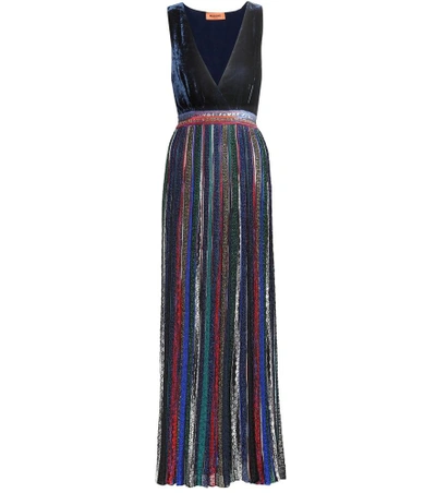 Missoni Deep-v Sleeveless Velvet-top Striped Metallic Evening Gown In Navy