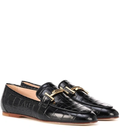 Tod's Embellished Glossed Croc-effect Leather Loafers In Black