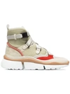 CHLOÉ BEIGE, GREY AND RED SONNIE SUEDE LEATHER AND MESH HIGH TOP SNEAKERS