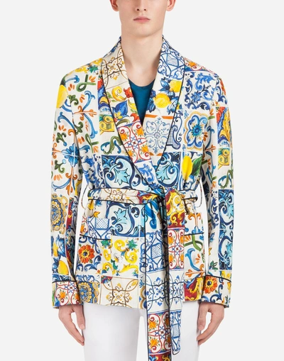 Dolce & Gabbana Printed Linen Jacket/robe In Majolica Print