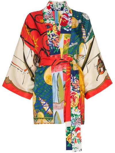 Rianna + Nina Short Multi Floral Planet Print Silk Kimono Dressing Gown - Multicolour