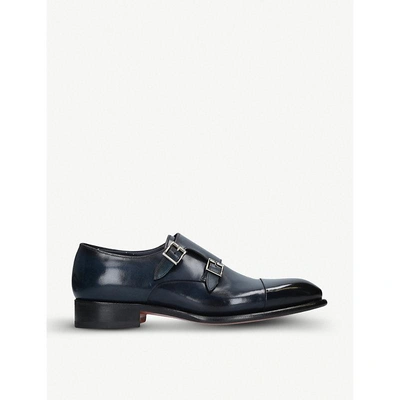 Santoni Carter Double Strap Leather Monk Shoes In Navy