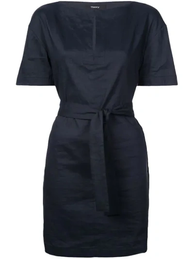 Theory Belted Denim Shift Dress In Navy