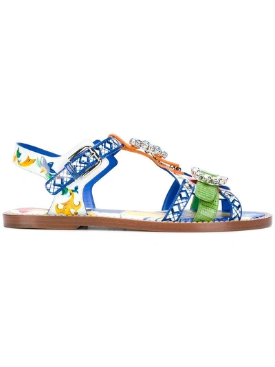 Dolce & Gabbana Printed Patent Leather Sandals With Bejeweled Buckles In Majolica Print