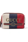 GUCCI Leather-trimmed striped canvas cosmetics case