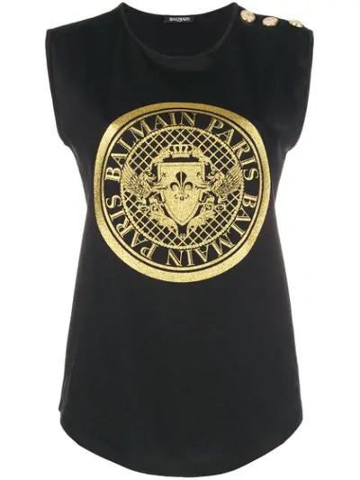 Balmain Logo Crest Jersey Sleeveless T-shirt In Black