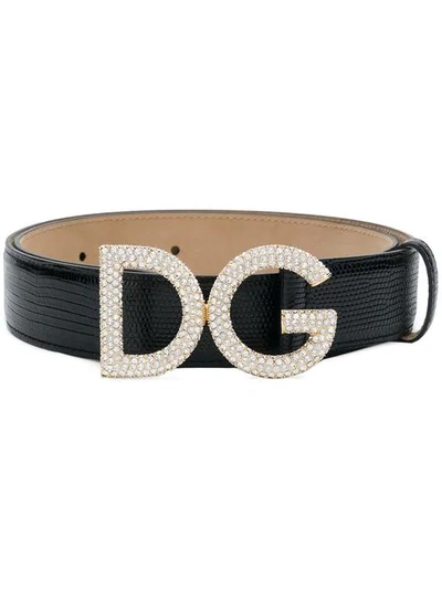 Dolce & Gabbana Crystal Logo Buckle Iguana Embossed Leather Belt In Nero