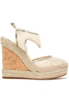 NICHOLAS KIRKWOOD METALLIC LEATHER-TRIMMED EMBROIDERED MESH ESPADRILLE WEDGE SANDALS,3074457345620581759