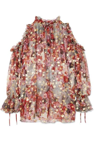 Alexander Mcqueen Tie-neck Cold-shoulder Feather-flower Fil Coupe Tunic W/ Ruffled Trim In Pink