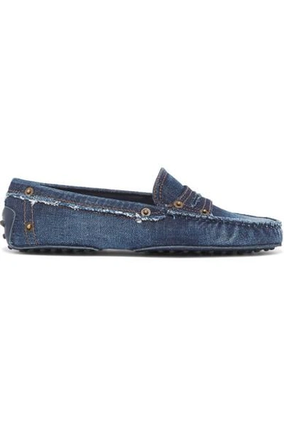 Tod's Gommino Distressed Denim Loafers In Blue