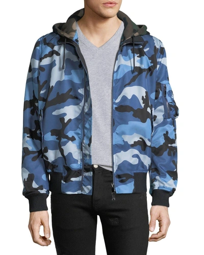Valentino Men's Oversized Camo-print Bomber Jacket With Removable Hood In Blue Camo