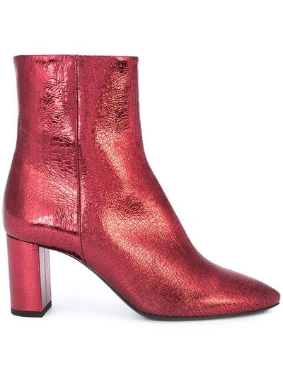 Saint Laurent Lou Crackled Metallic Leather Mid-heel Bootie In Red