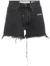 OFF-WHITE OFF-WHITE TEXT PRINT FRAYED DENIM SHORTS - GREY