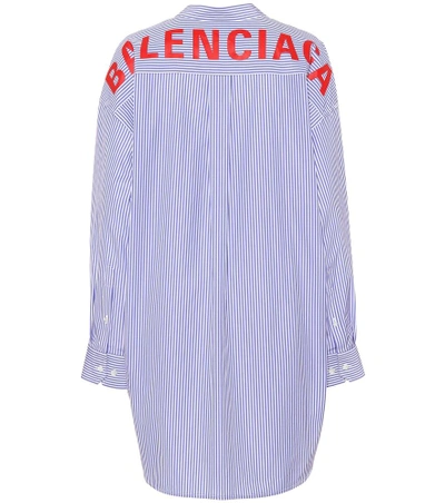 Balenciaga Oversize Logo Print Striped Poplin Shirt In Red,white,blue
