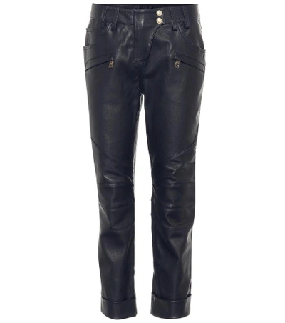 Balmain Cropped Leather Trousers In Black