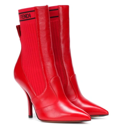 Fendi Rockoko Leather And Ribbed Stretch-knit Sock Boots In Red