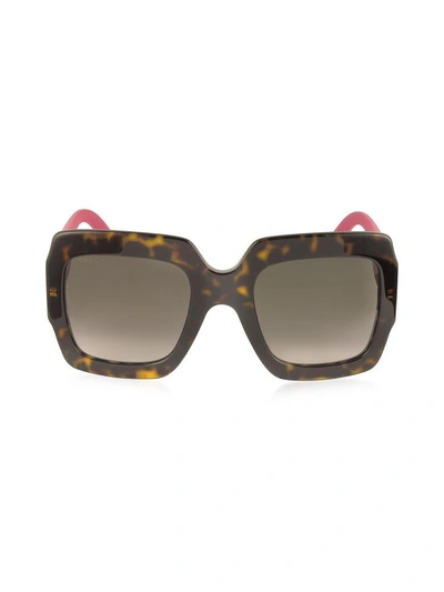 Gucci Gg0053s Optyl Square Womens Sunglasses W-glitter Temples In Havana-fuchsia-shaded Brown
