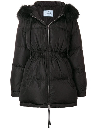 Prada Zip-front Drawstring Quilted Puffer Coat W/ Fur Collar In Black