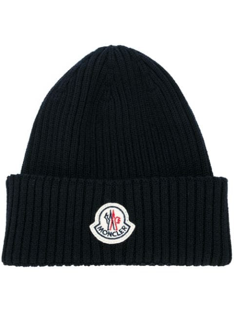 Moncler Logo-patch Ribbed Wool Beanie Hat In 999 - Black | ModeSens