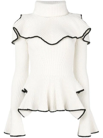 Alexander Mcqueen Cutout Ruffled Wool And Cashmere-blend Jumper In Ivory/black
