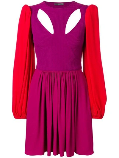 Alexander Mcqueen Harness Cutout-front Balloon-sleeve Fit-and-flare Mini Dress In Pink & Purple