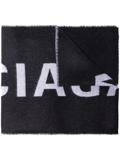Balenciaga Logo印图羊毛格纹围巾 In Black
