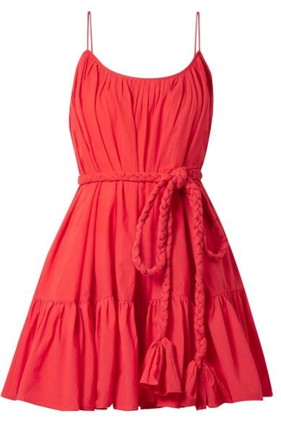 Rhode Nala Belted Pleated Cotton Mini Dress In Red