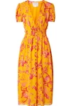 CAROLINA HERRERA PINTUCKED FLORAL-PRINT SILK CREPE DE CHINE MIDI DRESS