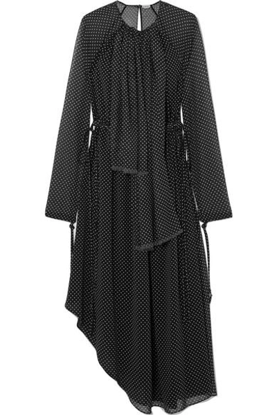 Loewe Asymmetric Polka-dot Chiffon Midi Dress In Black
