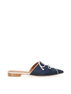 MALONE SOULIERS VILVIN NAVY BLUE MOIRE FABRIC AND SILVER METALLIC NAPPA LEATHER FLAT MULES,10591442