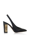 MOSCHINO GOLD TONE LOGO HEEL BLACK LEATHER SLINGBACK PUMPS,10591488