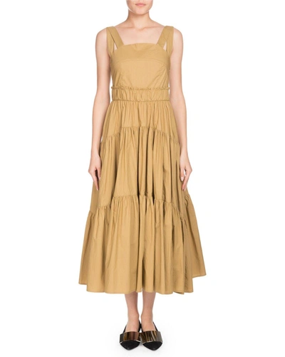 Proenza Schouler Square-neck Sleeveless 3-tier Long Cotton Poplin Long Dress In Brown