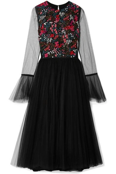 Carolina Herrera Long-sleeve Floral-embroidered Bodice Full Tulle Cocktail Dress In Black