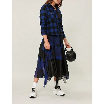 Sacai Long-sleeve Button-front Belted Check Cotton Shirtdress In Blue/black