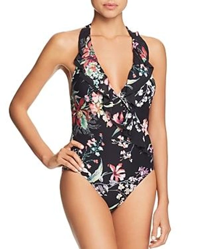 Carmen Marc Valvo Botanical Halter One Piece Swimsuit In White Floral