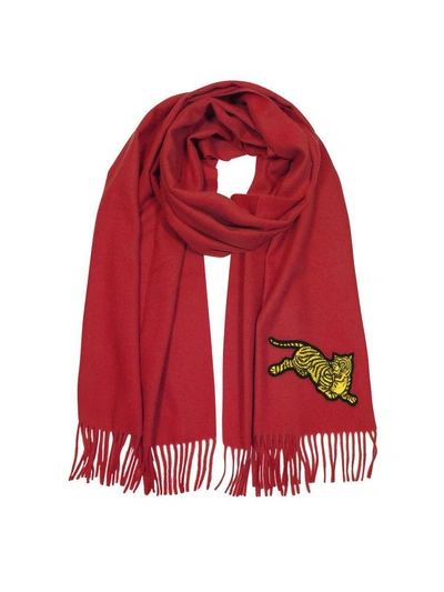 Kenzo Jumping Tiger Fringed Wool Scarf In Red