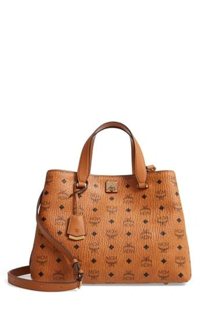 Mcm Large Klara Visetos Essential Coated Canvas Tote Bag In Cognac Brown/gold