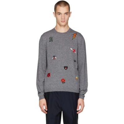 Gucci Embroidered Wool Knit Sweater In Med.grey Mel.