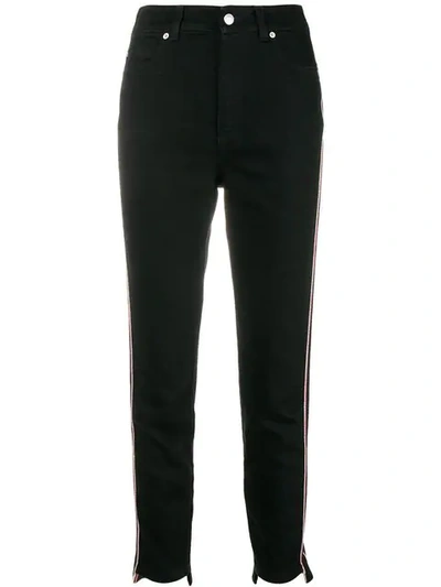 Alexander Mcqueen High-waist Racer-stripe Skinny Jeans With High-low Cuff In Black