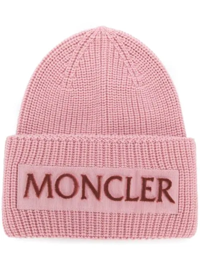 Moncler Velvet-logo Wool Beanie Hat In Pink/purple